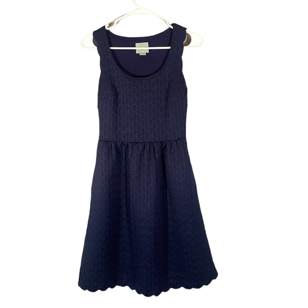 Maeve Anthro Navy Blue Textured Knit Scalloped Caye Shift Dress Women Sz XS